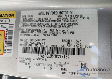 2017 Ford Fusion Hybrid Se z USA, uszkodzony, nr VIN 3FA6P0LU5HR217159